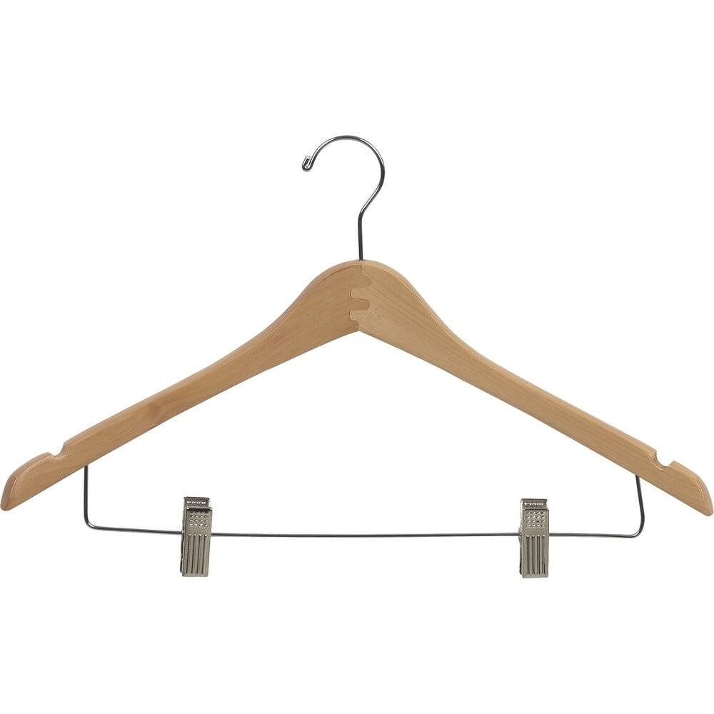 International Hanger Wooden Curved Combo Hanger, Natural Finish with Chrome Hardware, Box of 50