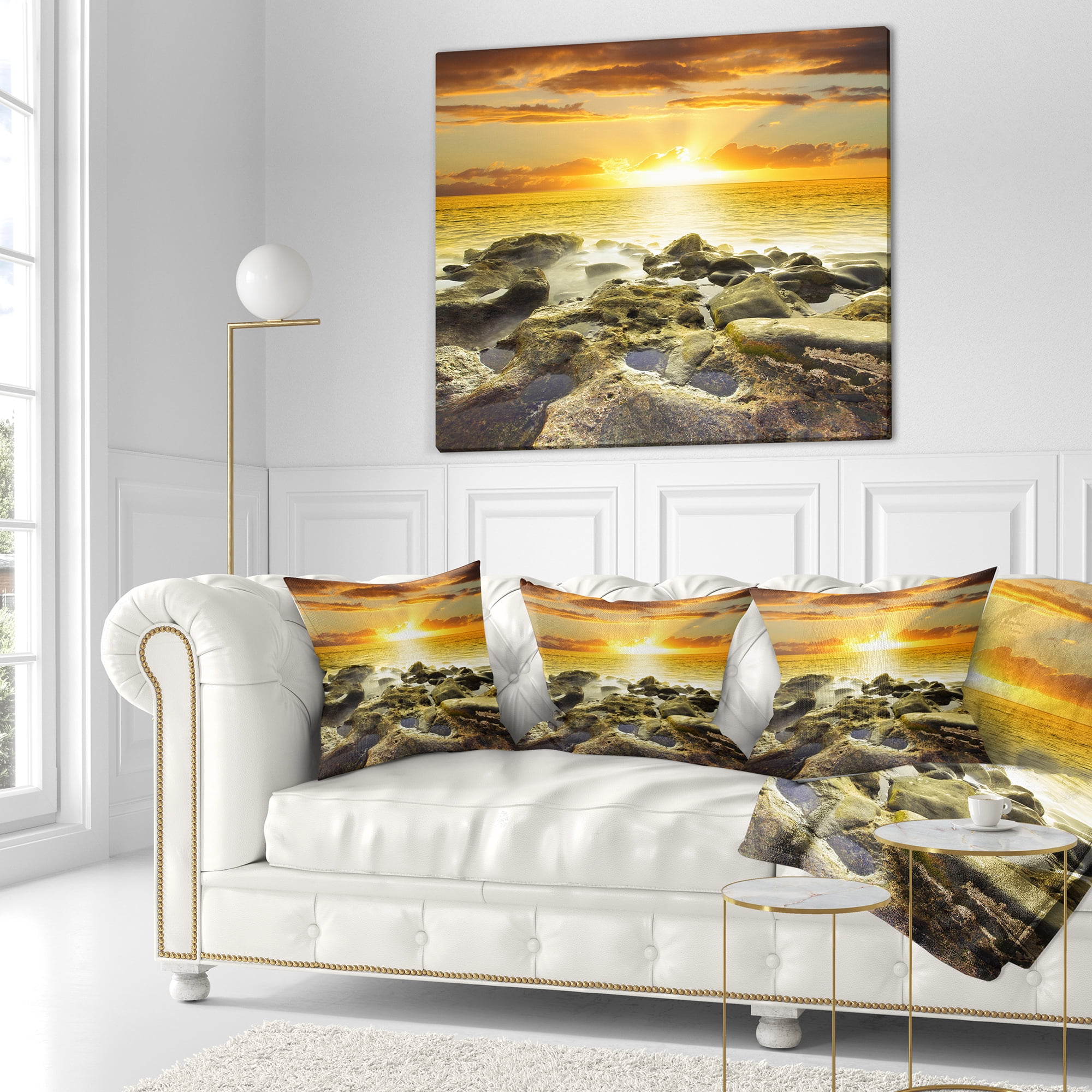 Designart Beautiful Orange Sundown Beach - Seashore Throw Pillow - 18x18