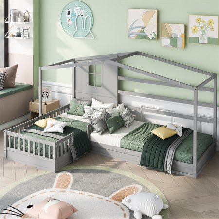 House Platform Bed with Roof and Window  L-Shaped Twin Size Corner Platform Bed with Fence and Slatted Frame Solid Wood Floor Bed Frame 2 Beds in 1 for Kids Boys Girls  No Box Spring Needed  Gray