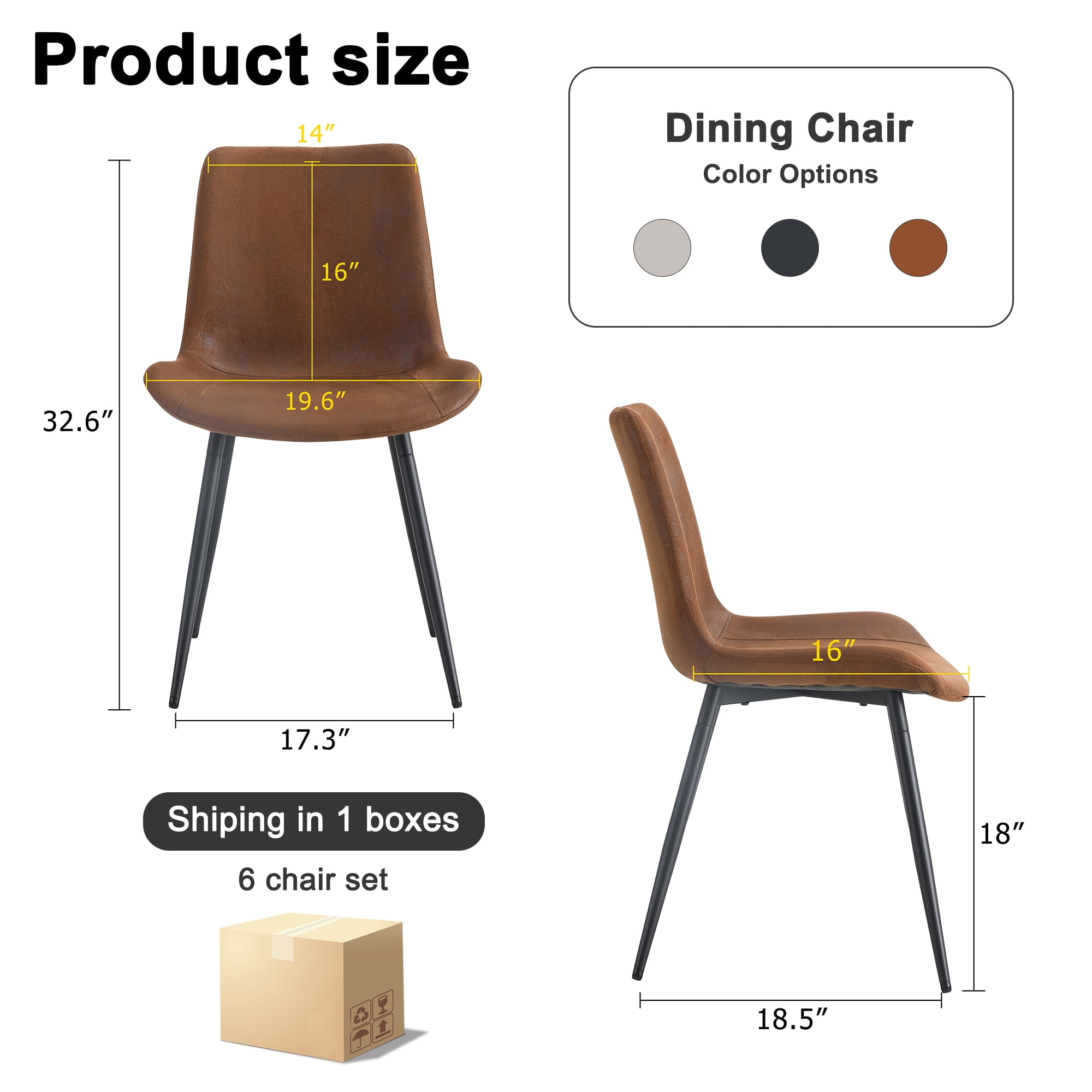 SUDICA Set of 6 Brown Faux Suede Dining Chairs, Upholstered Wide Seat with Black Metal Legs for Dining Room and Kitchen