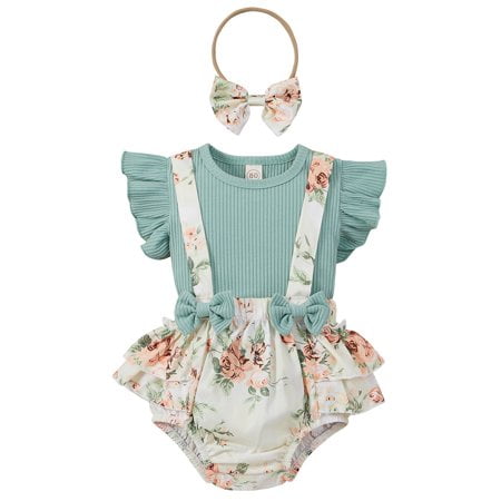 

Letiane Newborn Infant Baby Girl Knitted Romper Floral Suspender Shorts Headband Outfits Set