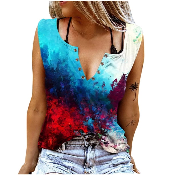 Blusa sin mangas con cuello en V y estampado informal a la moda para mujer Fridja gh7195