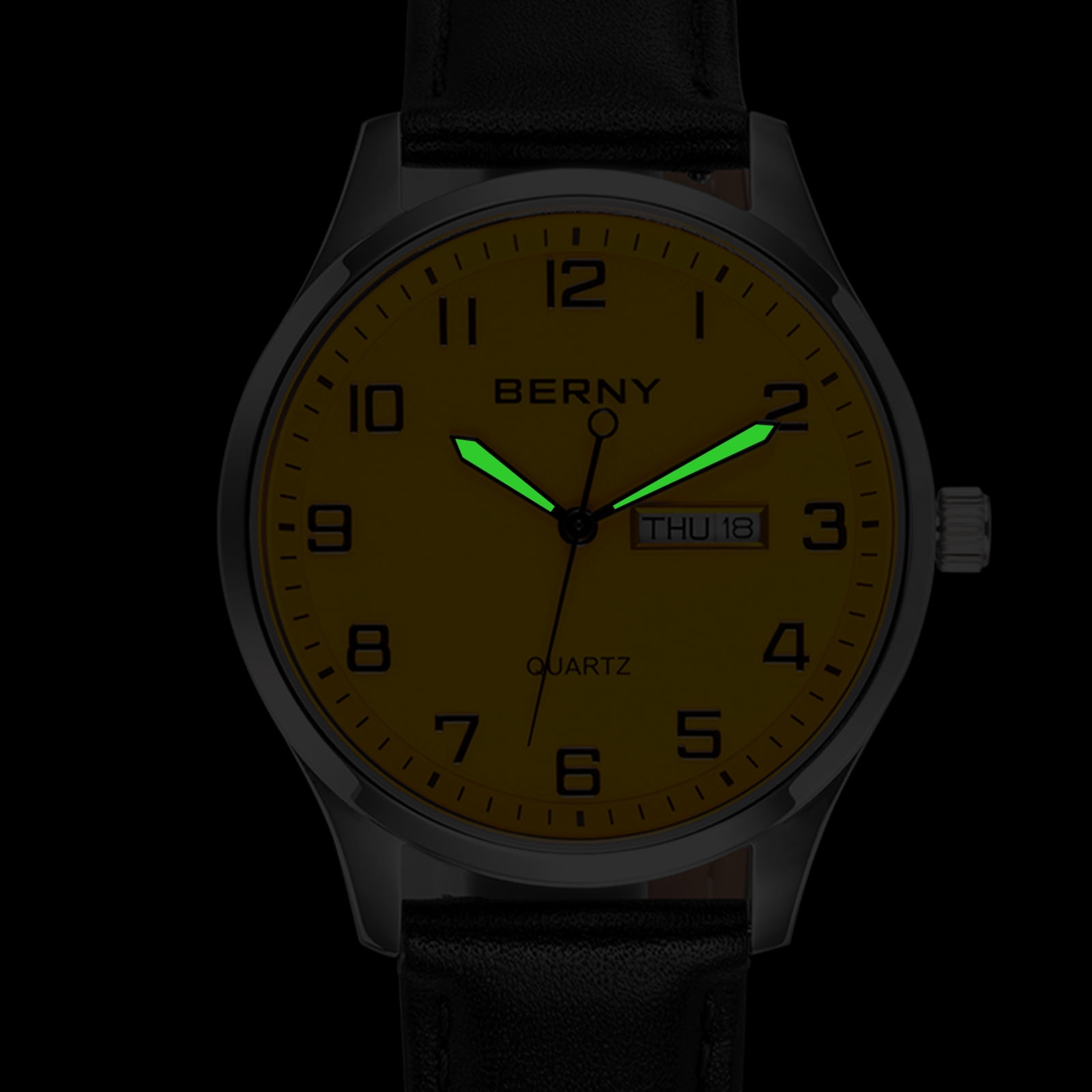 BERNY Modern Quartz Watch for Men Casual Easy Read Wristwatch with Arabic Numeral Watch Dial, Genuine Leather Strap and Day & Date Calendar