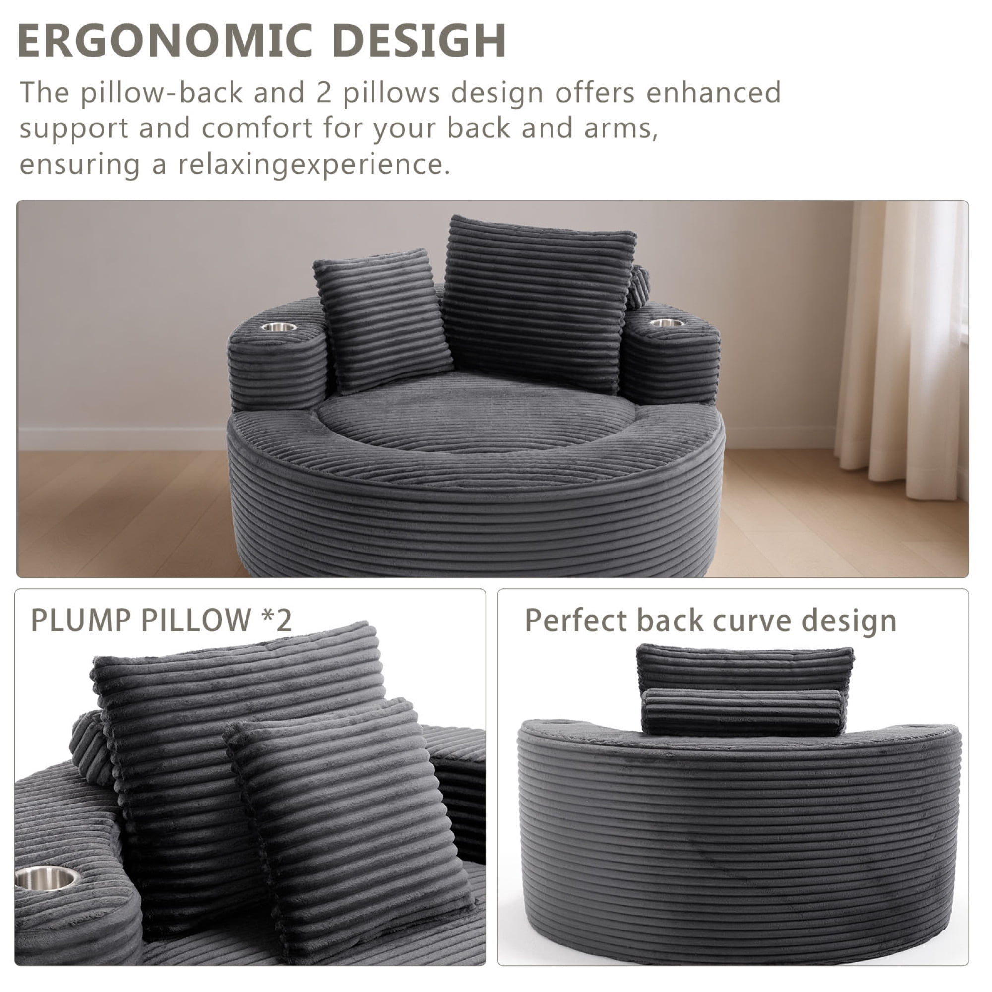 Leumius Oversized Round Chaise Lounge Sofa,Upholstered Lounge Chair with 2 Pillows and Cupholders,Boneless Sofa Couch with Memory Foam,Deep Seat Sleeper Chair for Living Room,No Assembly,Dark Gray