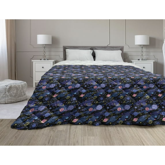 Abstract Down Alternative Comforter, Grunge Toned Circles with Murky Vertical Stripes Brushstroke Graphic, Microfiber Quilt for All Season, 5 Sizes, Charcoal Grey Mustard, by Ambesonne