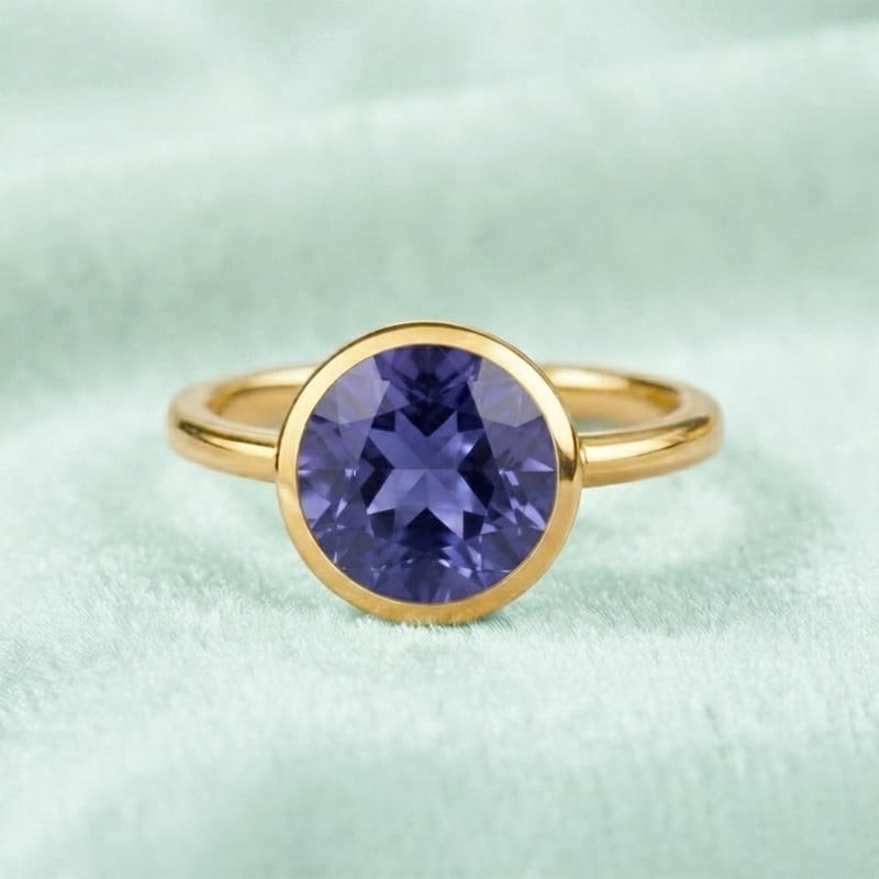 Round Cut Iolite Bezel Band Ring, 925 Sterling Silver Yellow Gold Plated Promise Ring, Trendy Handmade Jewelry, Birthday Gift Stunning Jewelry for Her