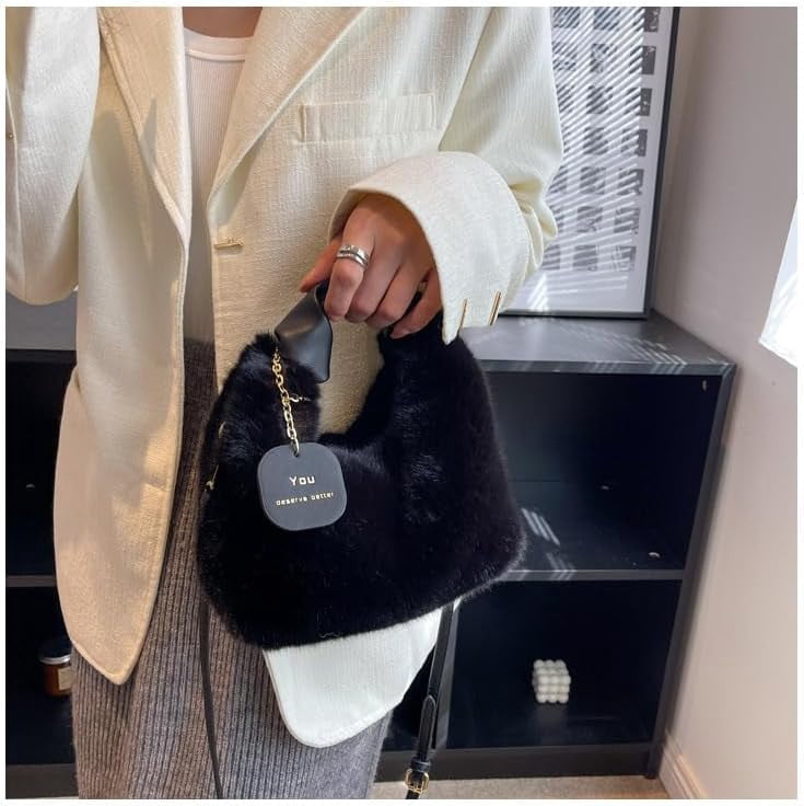 Women Fluffy Tote Bag Plush Shoulder Underarm Bag Faux Fur Crossbody Handbag with Strap Y2K Furry Purse Winter