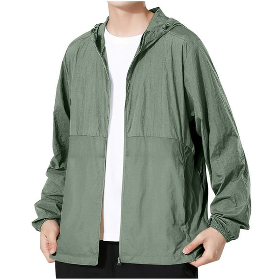 Women Men Plus Size Windbreaker Jacket Summer Sun Protection Lightweight Athletic Hooded Long Sleeve Shirts with Zipper Unisex Hiking Workout Sportwear Sweatshirt Army Green L
