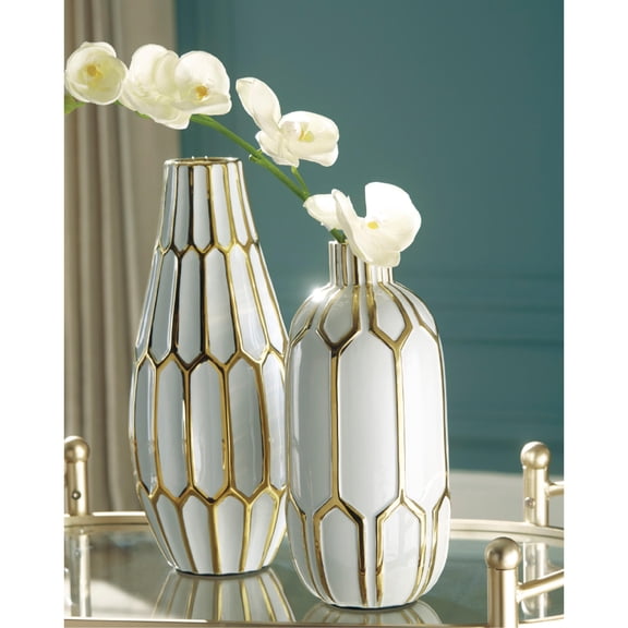 Signature Design by Ashley Mohsen Vase Set, White and Gold Ceramic Decorative Indoor Outdoor Vases, Honeycomb Pattern (Set of 2)