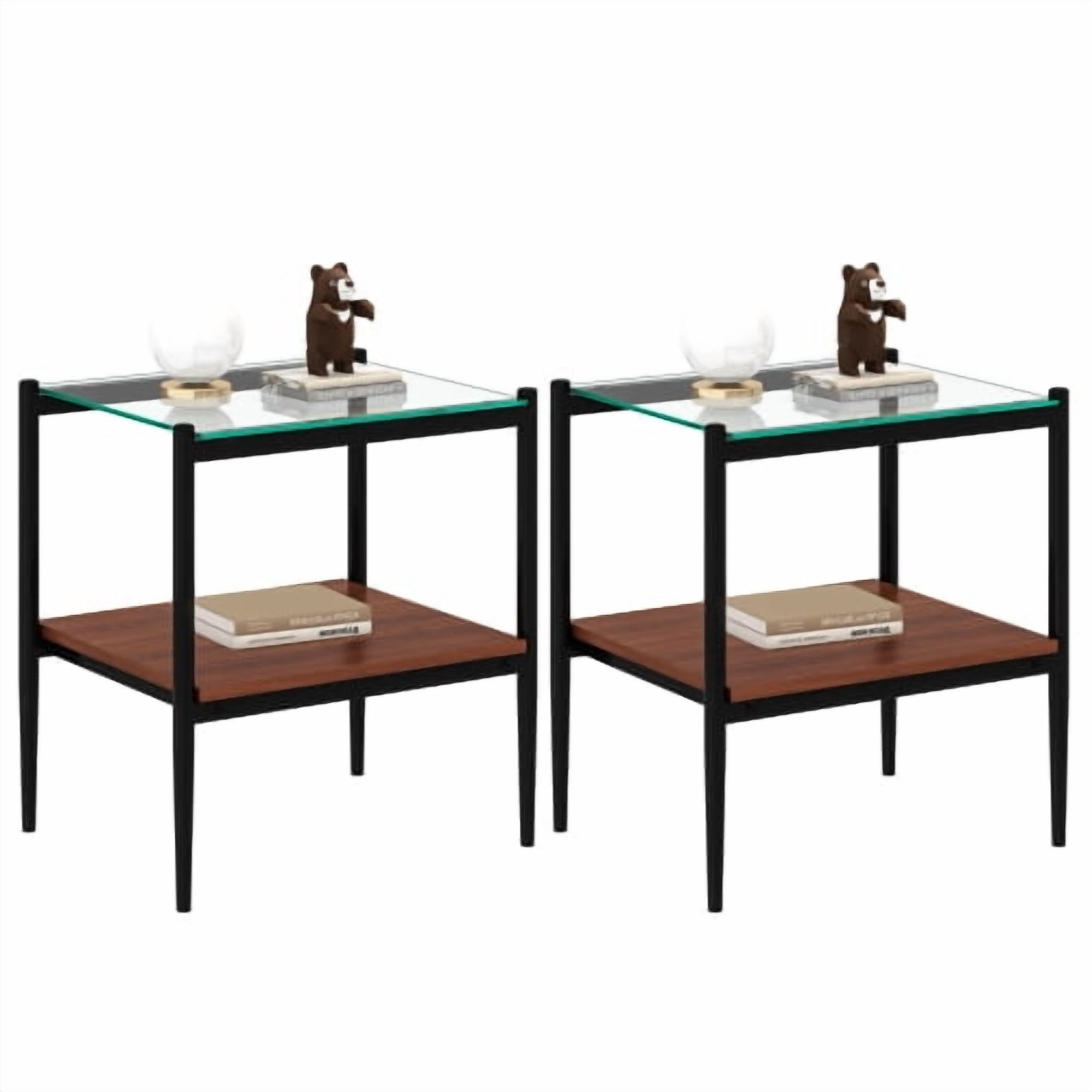 MOONMISS 2 Pack Rectangle End Table, Tempered Glass Top Side Table with MDF Frame, Modern Transparent Glass Accent Table for Living Room, Bedroom, Home Decor, Brown
