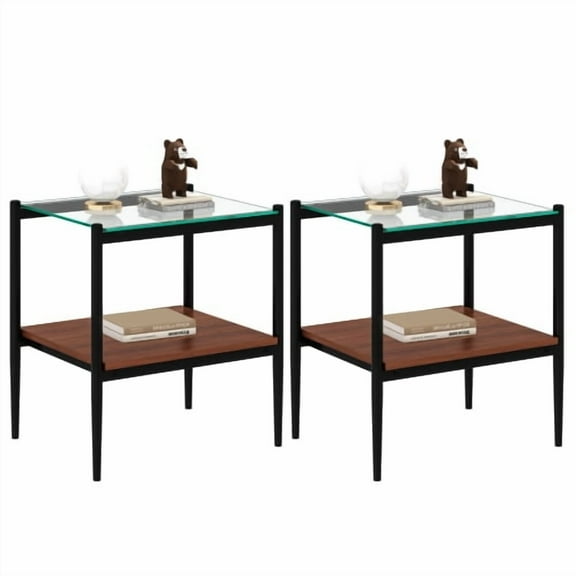 Set of 2 Rectangle End Table, Transparent Tempered Glass Tabletop with MDF Layer, Black Metal Legs for Living Room. Bedroom