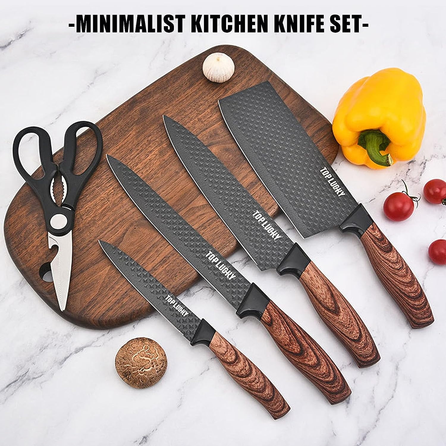 Kitchen Knife Set, 6-Piece Black Cooking Knife Set with Star Grain Blade, Sharp Stainless Steel Chef Knife Set Contains Round Knife Storage, Knives, Scissors for Home Kitchen