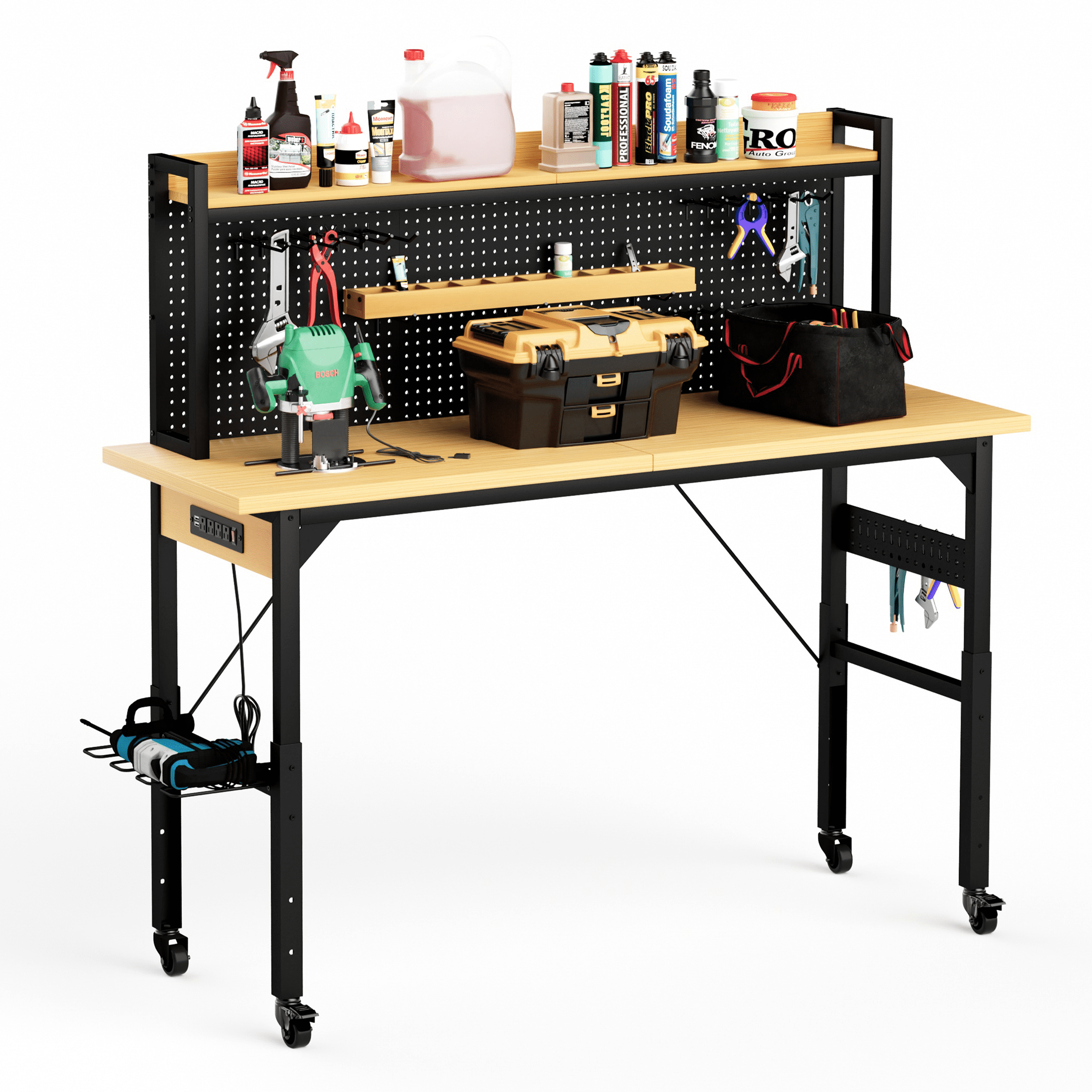 71" Adjustable Workbench with Pegboard, Heavy Duty Wooden Desktop Workbench with Wheels, 1600 lb. Load Capacity, Rolling Workbench with AC/USB Outlet,Hooks,Shelf for Garage,Workshop,Office,Home