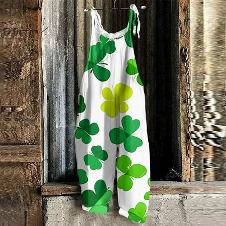 Women Bodysuit  St Patricks Day Outfits for Women  Womens Jumpsuits  Women Workout Sets  Rompers for Women Dressy  Women s Jumpsuit Print Casual Loose Vintage Shoulder Strap Cotton Linen  White
