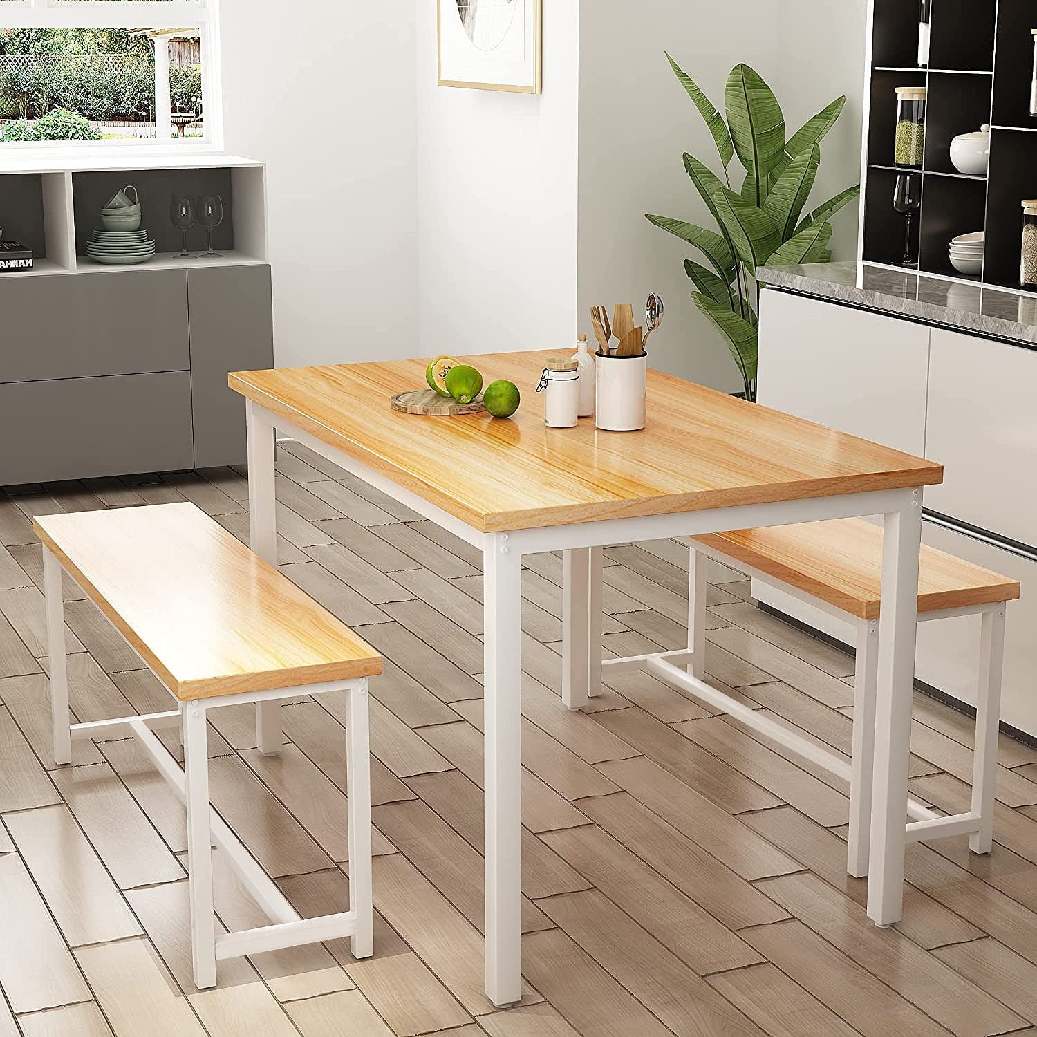 AWQM Dining Table Set For 4 - White Beige Faux Marble Tabletop With Black Metal Legs, Chairs Included - View #8