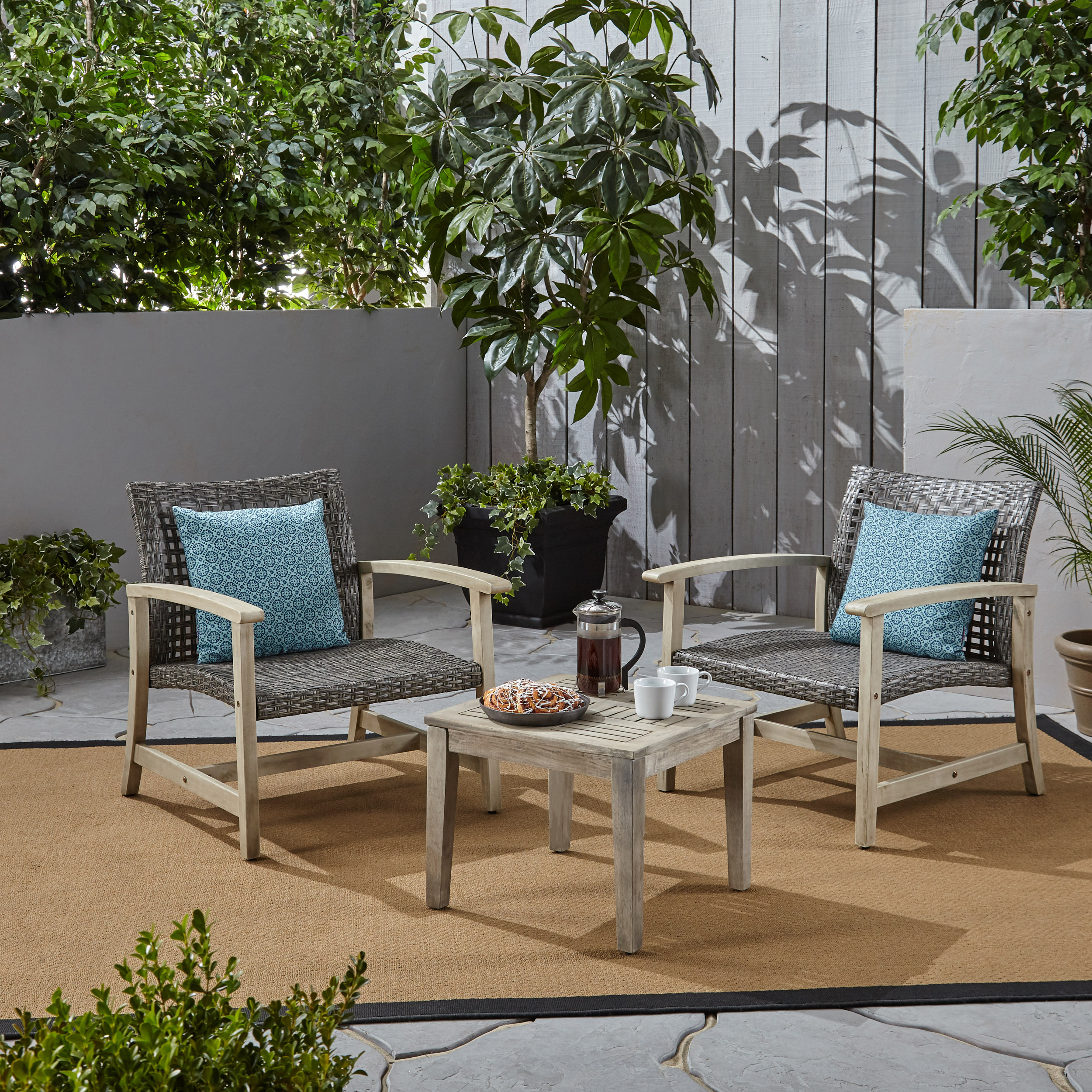 Beacher Outdoor 3 Piece Wood and Wicker Club Chairs and Side Table Set