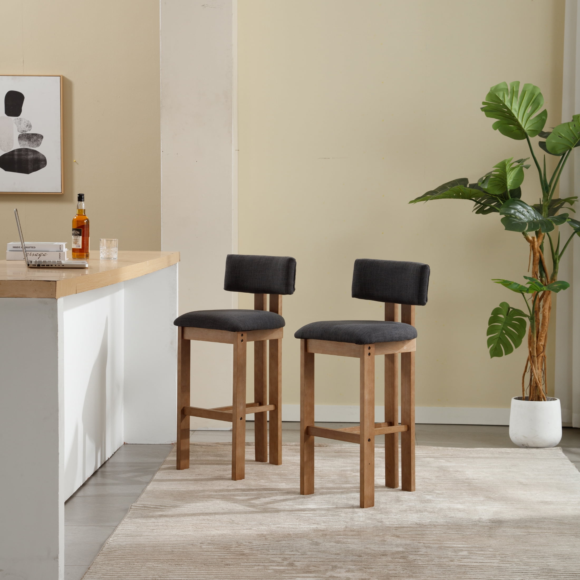 Guyou Modern Bar Stools Set of 4, 30 Inch Counter Height Bar Stools with Curved Backrest, Linen Upholstered Counter Stools, Wooden Kitchen Island Chairs for Kitchen Bar Cafe, Charcoal