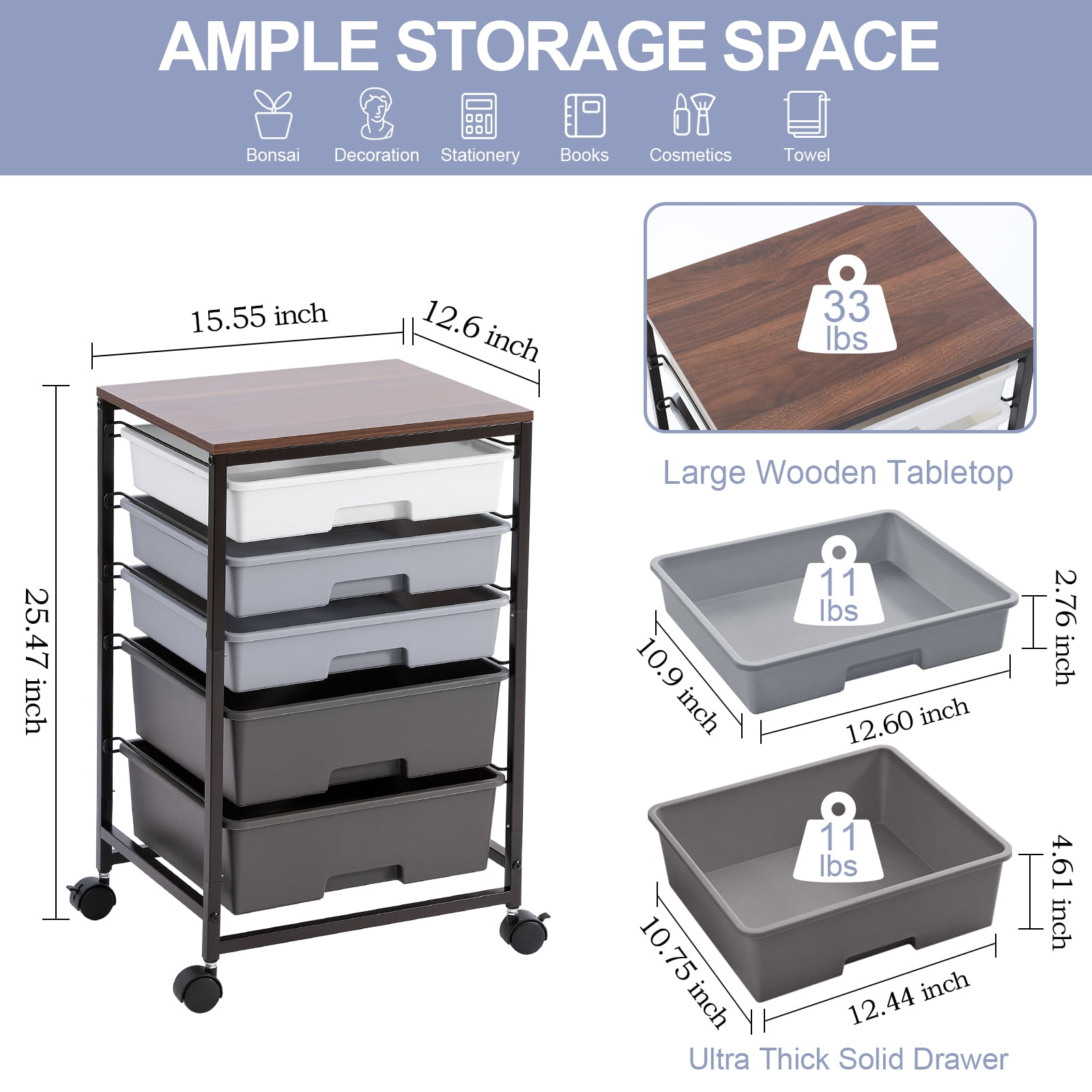 KK KINGRACK Rolling Cart with 5 Drawers, Storage Drawer Cart with Wooden Tabletop, Metal & Plastic, Gray