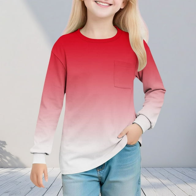 hengsof Children's Casual Long Sleeve T Shirts Kids Loose Soft Shirts with Pocket Contrast Tops