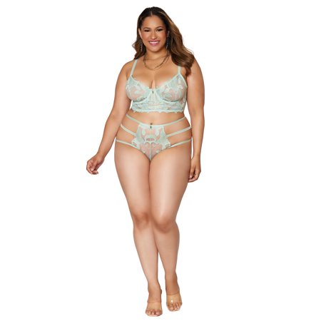 

Dreamgirl Embroidery and Mesh Long Line Bra and G-String Set 1X 2PC Mint