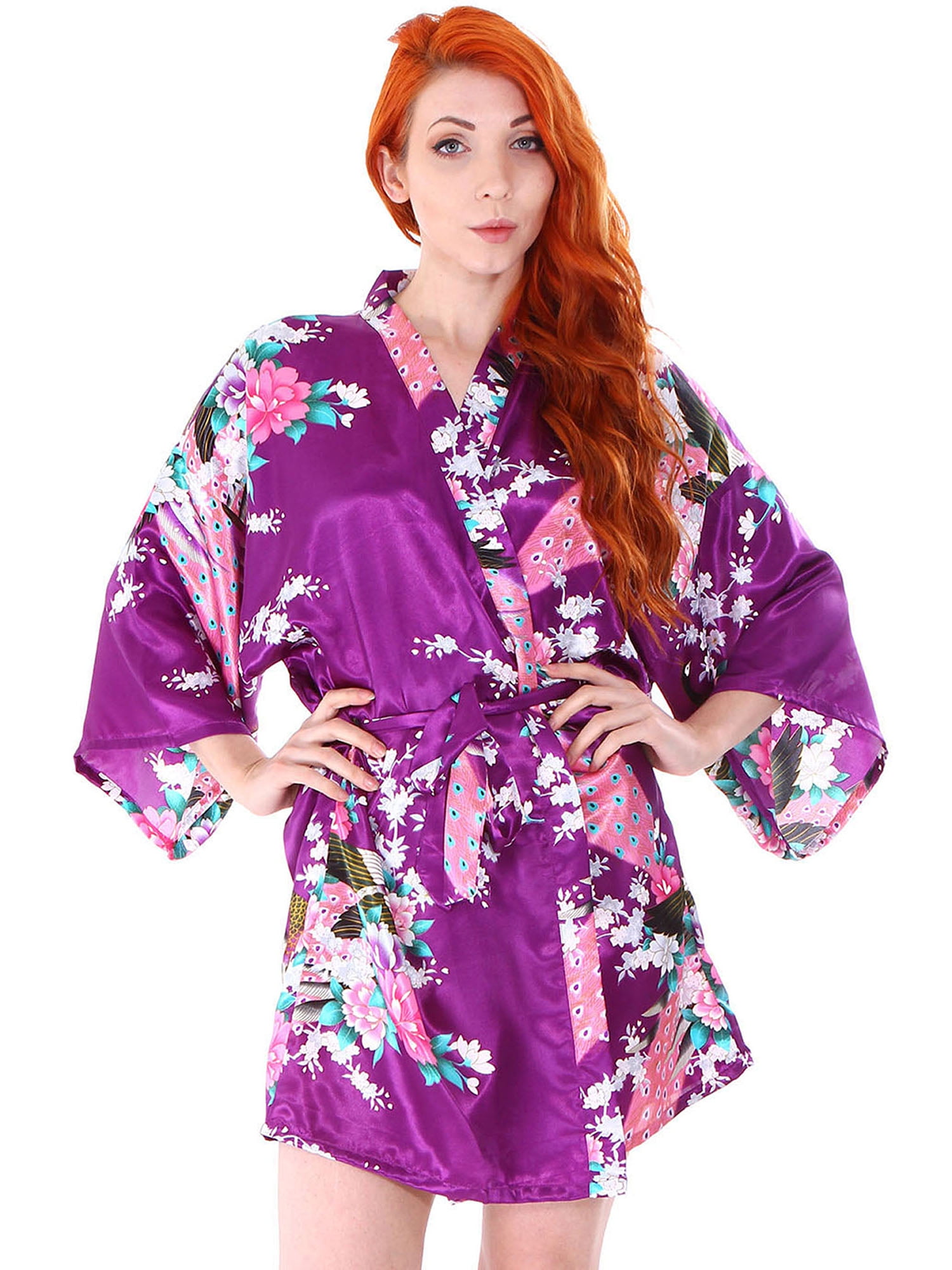 Women's Satin Peacock Cherry Blossom Short Kimono Robe for Wedding