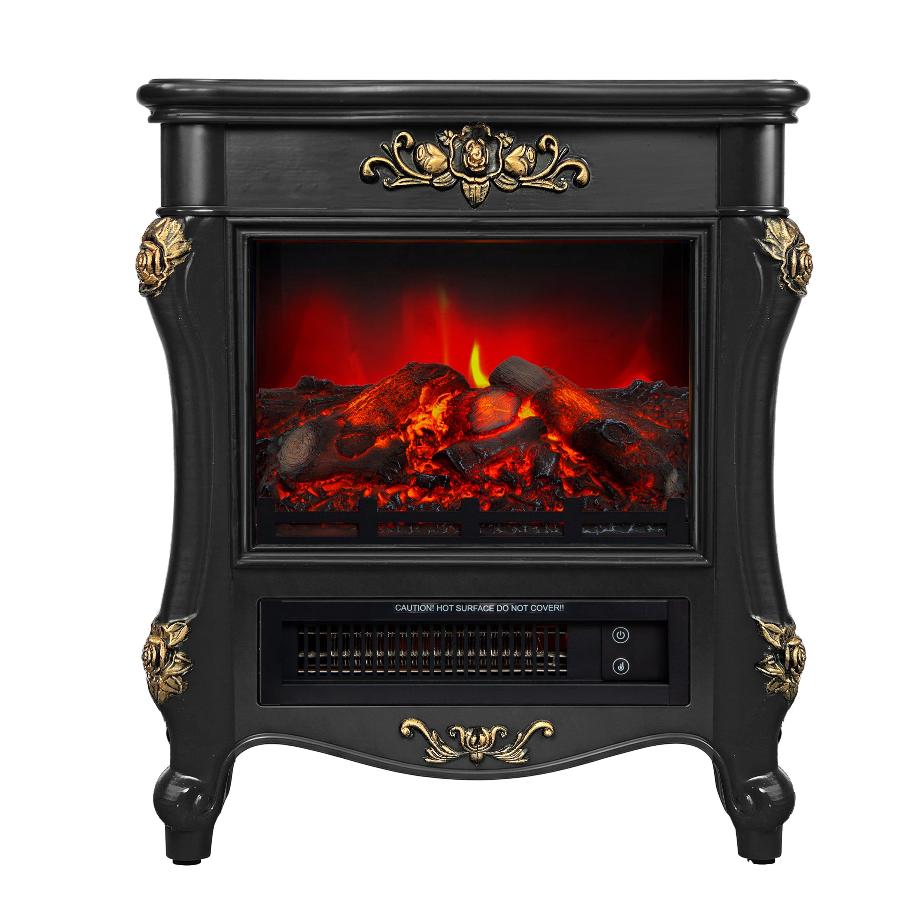 JoyRiver Small Electric Fireplace Heater with 4 Flame Levels, Remote & Timer, Portable Space-Saving Design for Bedroom Living Room,Black & Gold