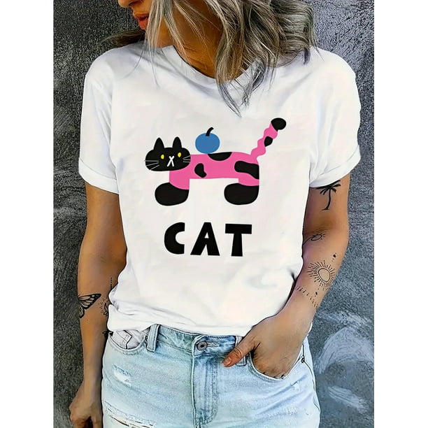 Women'S Casual Crew Neck T-Shirt, Polyester Blend, Medium Stretch Knit Fabric, Animal Pattern, with Pink Cat Graphic, for All-Season Comfort Tee