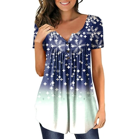 

Tops for Women Cute V Neck Soft T-Shirts Flowy Pleats Tunic Button up Blouses Casual Summer Floral Henley Short Sleeve Shirts