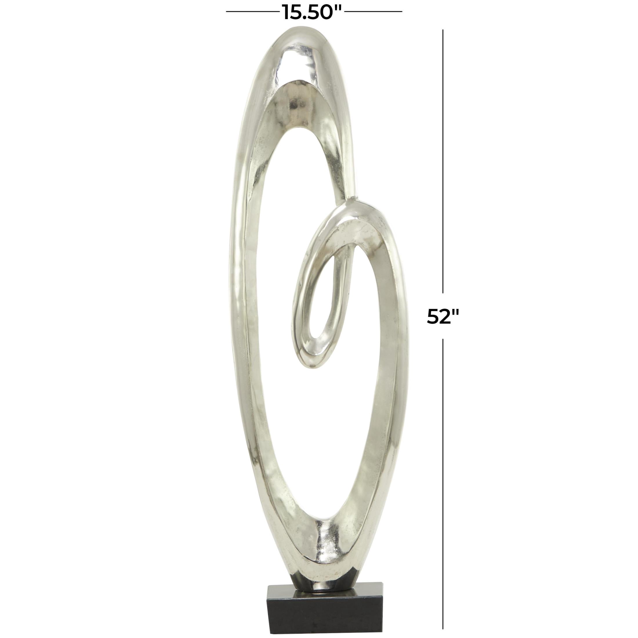 16" x 52" Silver Aluminum Metal Tall Floor Loop Abstract Sculpture with Black Marble Base, by DecMode