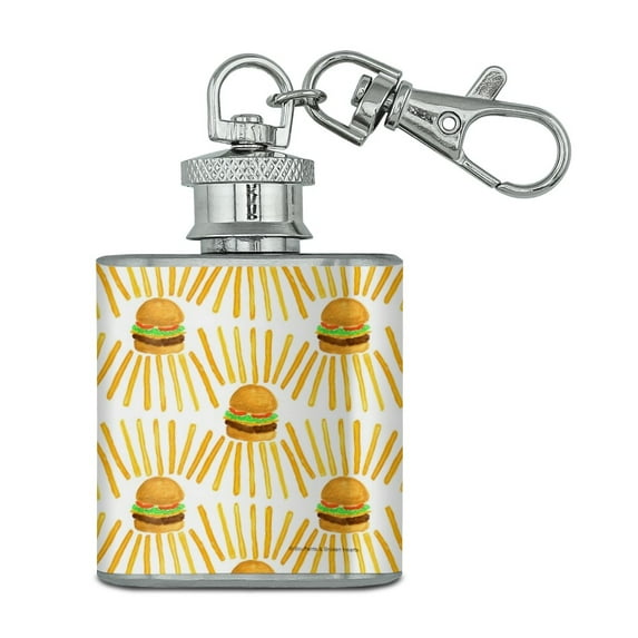 Burgers and Fries Fast Food Pattern Stainless Steel 1oz Mini Flask Key Chain