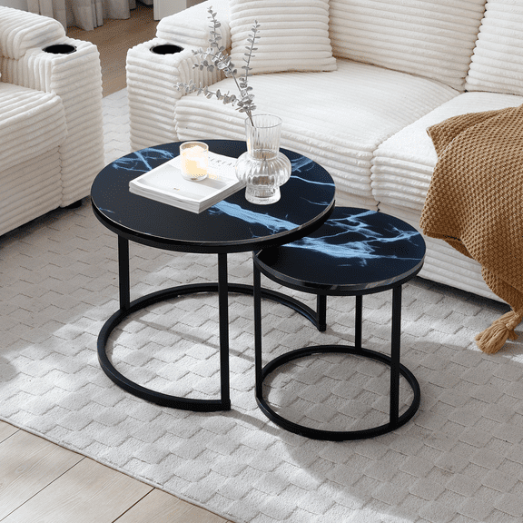 Coffee Tables Set 2 Coffee Table Nesting Black top Black Frame Circular Round and Marble Pattern Wooden Tables, Living Room Bedroom Apartment Modern Industrial Simple Nightstand,Wooden Coffee Tables