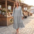 thumbnail image 4 of CIENVNSTG Summer Dresses for Women 2026 Vacation Long Sleeve Maxi Dress V Neck Button Down Flowy Tiered Ruffle Shirt Dress Summer Casual Long Dresses Gray L, 4 of 6