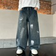 thumbnail image 5 of Otqutp Boys Distressed Baggy Jeans Pull‑on Elastic Waist Denim Pants with Paint‑Splash Print Kids Vintage Wide Leg Bottoms, 5 of 7