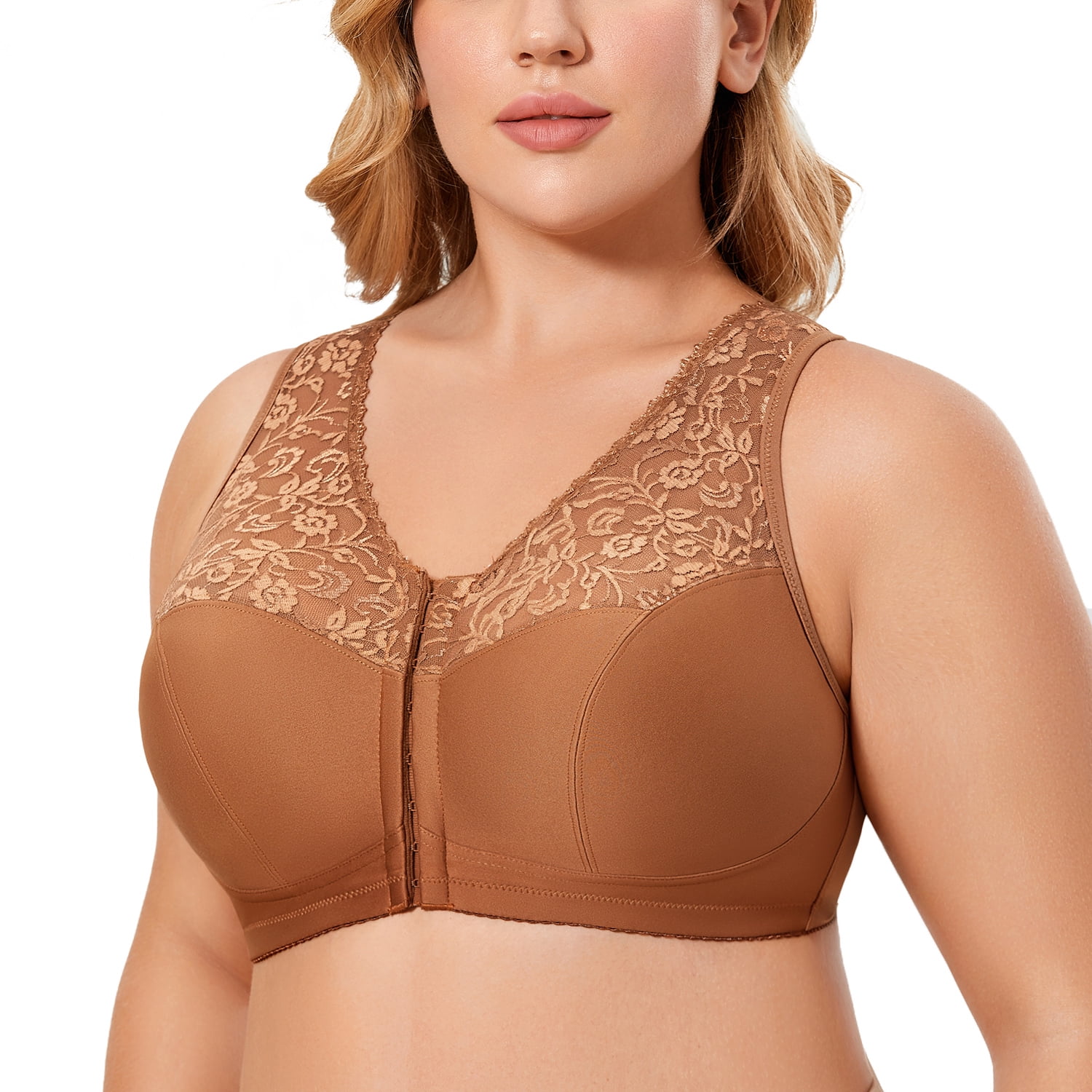 DELIMIRA Womens Full Coverage Wirefree Lace Plus Size Front Closure Bra Racerback 