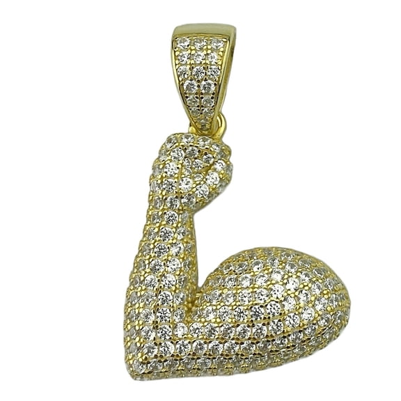 Real Solid 925 Sterling Silver w/ Gold Finish Iced Strong Flexing Arm Bicep Muscle Emoji Pendant 1" Tall