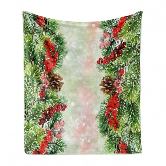 Christmas Soft Flannel Fleece Throw Blanket, Natural Vivid Tree Branch with Red Holly Berries on Blurred Snowy Background, Cozy Plush for Indoor and Outdoor Use, 50" x 70", Multicolor, by Ambesonne