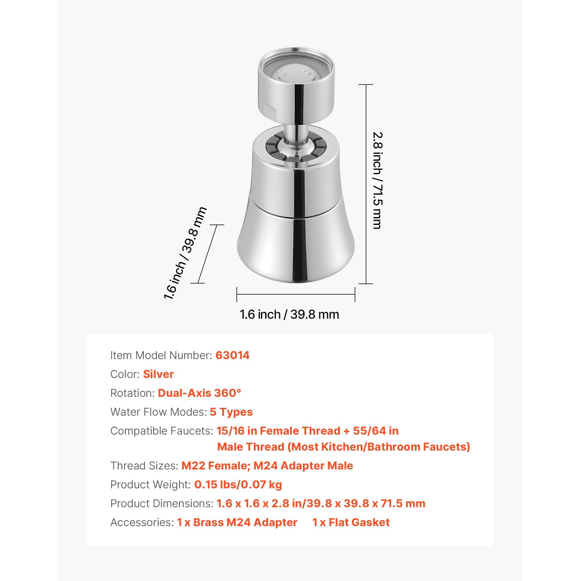 5 Mode Faucet Aerator Adjustable Water Flow Head, Water Saving Splash Proof Faucet Nozzle, Universal Fit 5 Spray Modes for Kitchen Bathroom Sink
