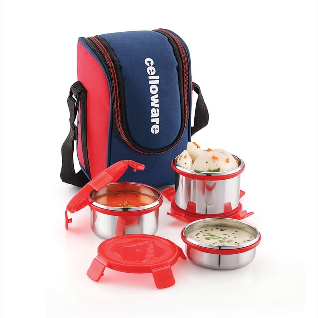 MF Prime Lunch Box With Stainless Steel Inner - Red, 3 Pcs | Air Tight Seal, Leakproof Design - Vacuum Sealed, Freezer Safe