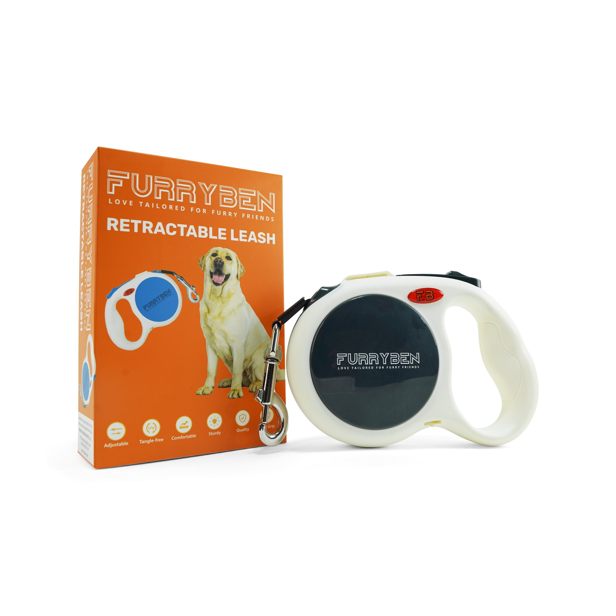 FURRYBEN Retractable Dog Leash | 16 ft Strong Nylon Tape | One-Click Brake, Pause, Lock (Gray)