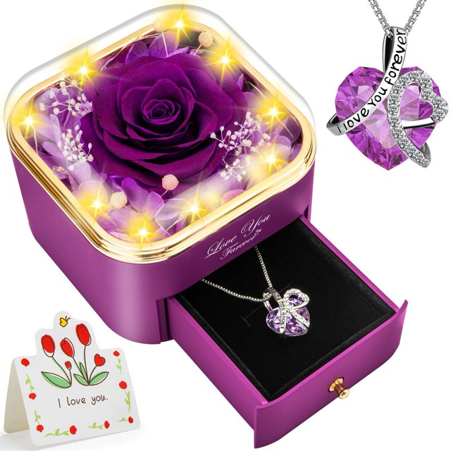 Collar de rosa auténtica morada preservada con corazón - Lebana