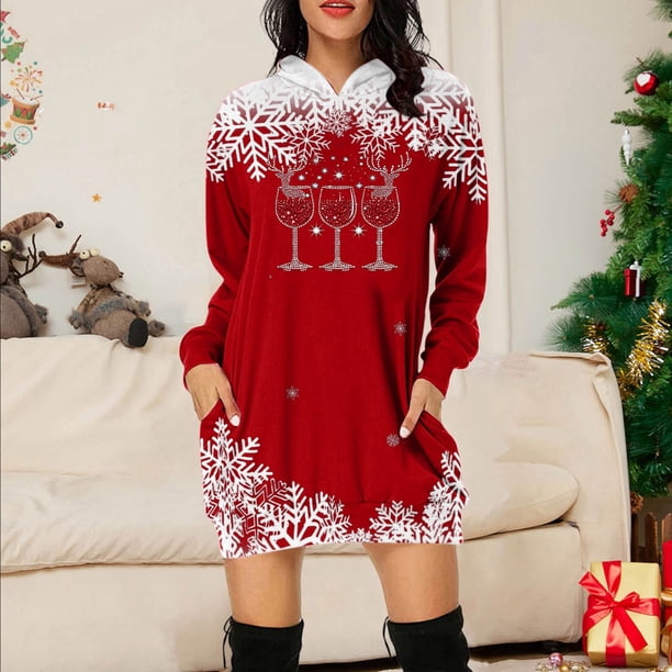 WILLBEST Vestidos Largos Casuales Para Mujer Sudadera Larga Con Estampado Navideño Para Mujer Top Informal Y Cómodo Para Las Fiestas 2025 Elegante Y Acogedor Para La Temporada De Invierno