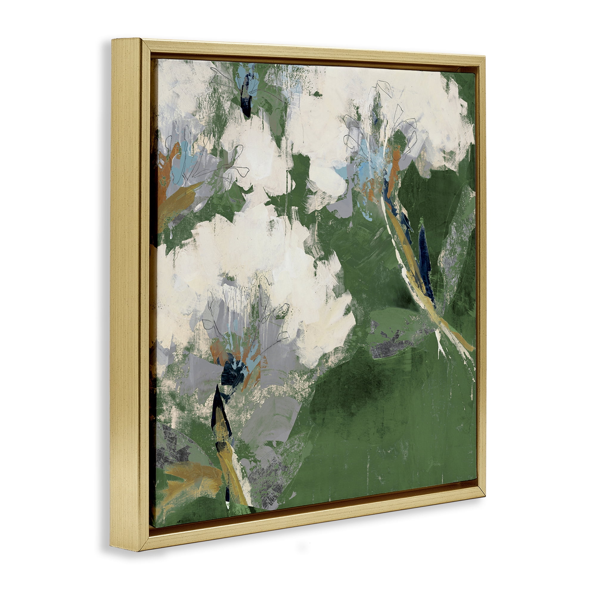 Stupell Industries Green & White Botanicals Plants & Flowers Painting Gold Floater Framed Canvas Art Print Wall Art, 25 x 25