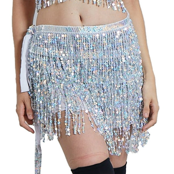 Trajes de actuación para danza del vientre para mujer, bufanda de cadera, falda, ropa de festival con flecos de lentejuelas (talla única)