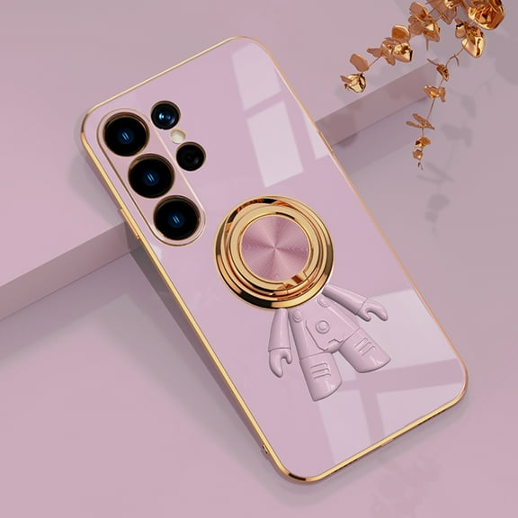 Compatible with Samsung Galaxy S24 Ultra Cute Case with 3D Astronaut 360 Ring Holder Hidden Kickstand Plating Camera Protection Cover Soft Silicone Bumper Phone Case for Women Men,Purple