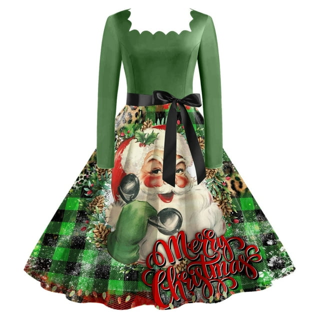 Robe de Thé Classique de Noël pour Femmes Manches Longues Robe de Soirée avec Ceinture