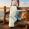 thumbnail image 5 of Womens Linen Lace Trim Pants Summer Boho Elastic Waist Wide Leg Palazzo Pants Flowy Pull on Vacation Beach Pants, L, 5 of 7