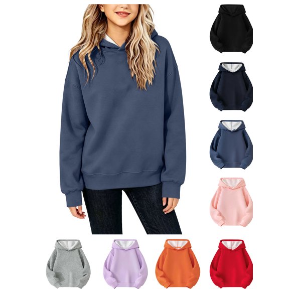 XRoczxe Girls' solid color pullover hooded sweatshirt, children's long-sleeved casual loose hooded top | Autumn and winter outfits, multiple colors and sizes available.