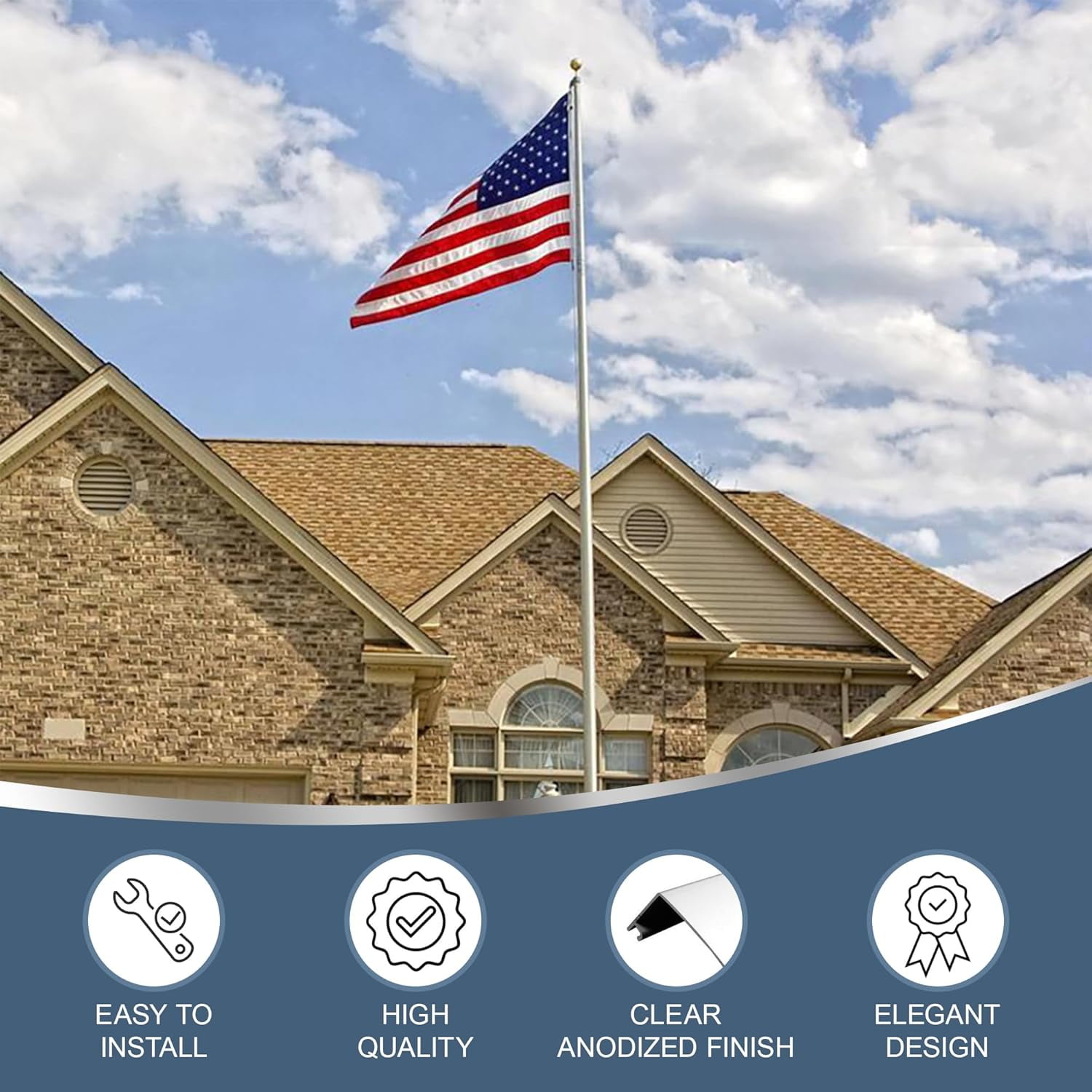 Super Tough USA-Made 20ft Heavy Duty Flag Pole for Outside House - Clear Anodized - Residential In-Ground Flagpole - 3-Section High-Grade Aluminum - Includes All Accessories