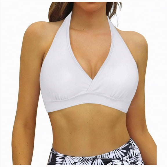 HCNTES Women's Halter Bikini Top Only Push Up Padded Swimsuit Top V Neck Twist Front Bathing Suit Tops Removable Bra Summer White,M