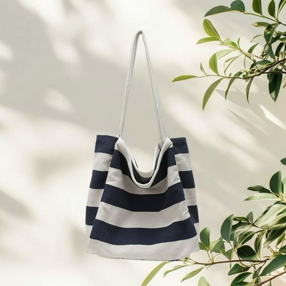 Vacemry Striped Knitted Bag, Crochet Tote Bag for Women, Beach Bag Summer Shoulder Purse, Lightweight Knit Handbag, Casual Boho Bag, Striped Pattern Shopping Bag, Eco Friendly Yarn Bag